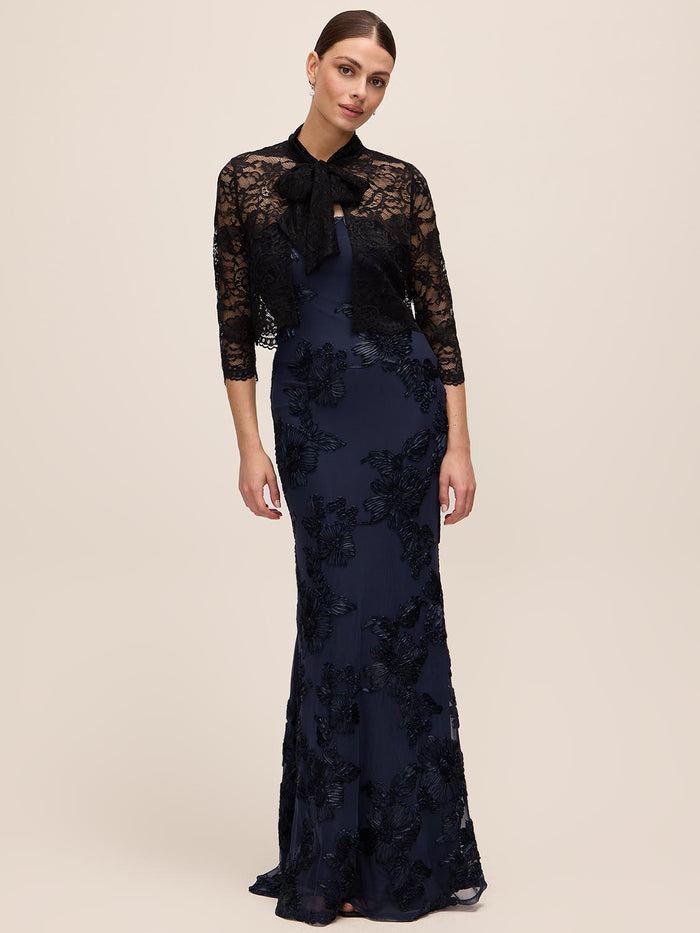 Black Lace Bolero with 3/4 Sleeves and Bow Ties - Front View - Le Chateau