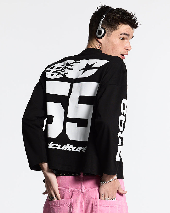 55 FLAMES LONGSLEEVE BLACK - black graphic longsleeve tee, back view on male model - Cold Culture #man