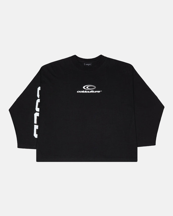 55 FLAMES LONGSLEEVE BLACK - black graphic longsleeve tee, front view - Cold Culture
