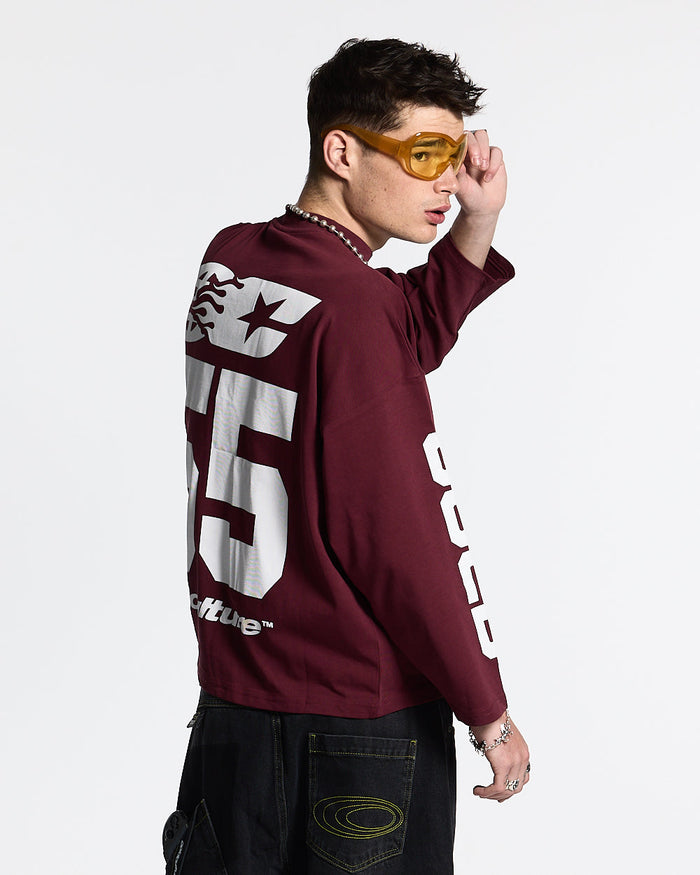 55 FLAMES LONGSLEEVE BURGUNDY - burgundy graphic longsleeve tee, back view on male model - Cold Culture #man