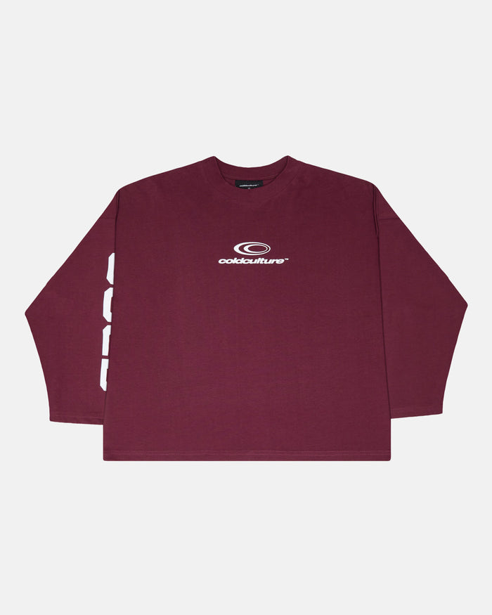 55 FLAMES LONGSLEEVE BURGUNDY - burgundy graphic longsleeve tee, front view - Cold Culture