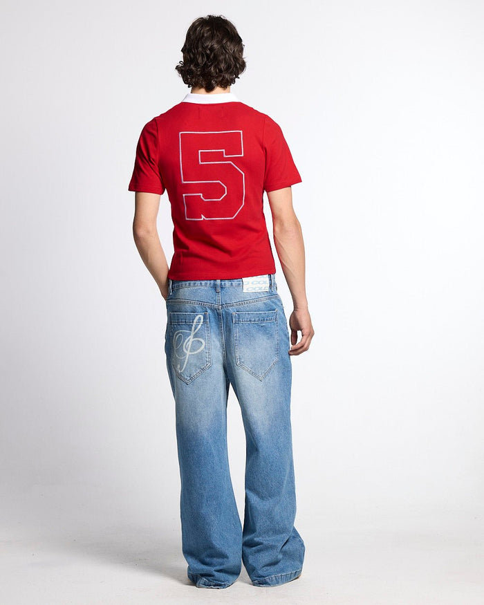 5th AURA SLIM POLO RED - red slim fit polo shirt, back view on male model - Cold Culture