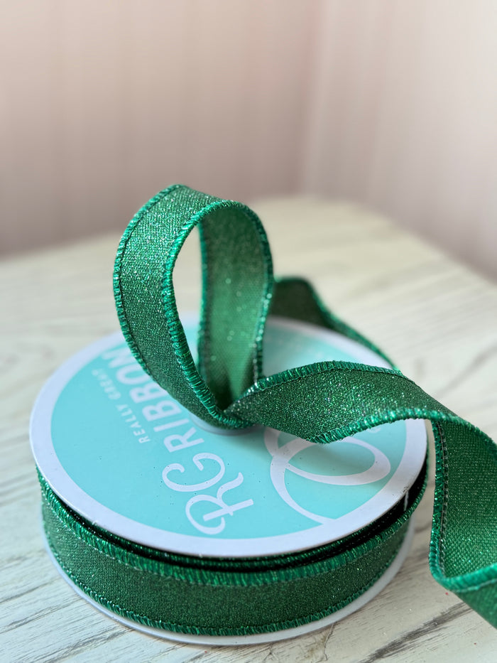 7/8 x 10yd Emerald Green Fine Glitter on Faux Royal Ribbon