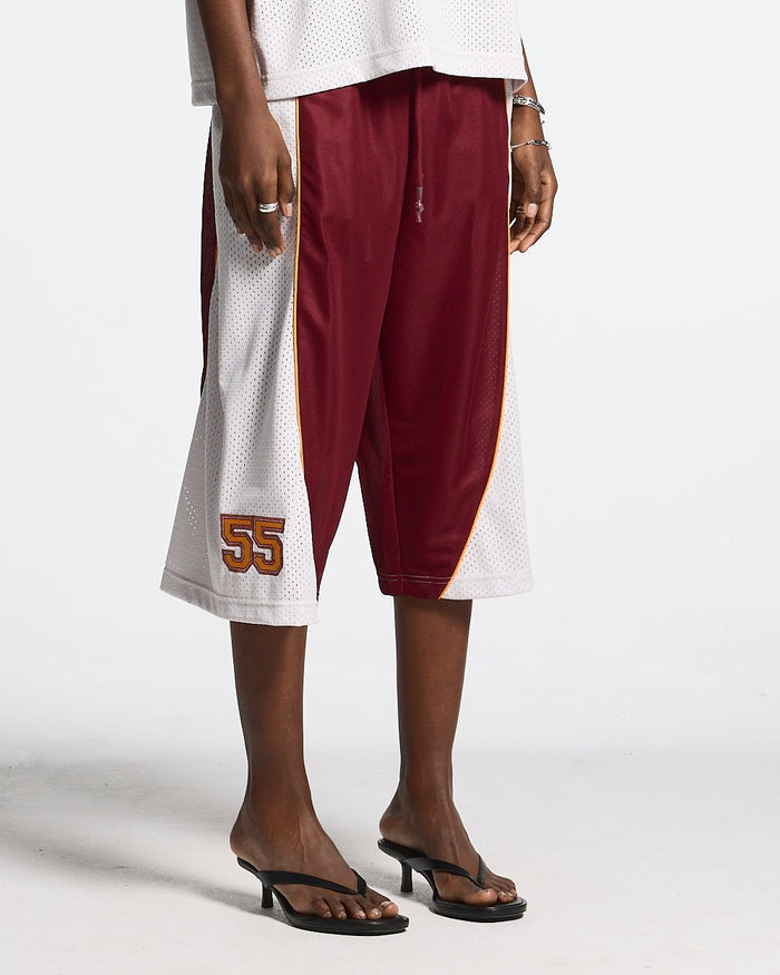 AERO STEED SHORT CREAM/BURGUNDY - cream and burgundy mesh shorts, front view on female model - Cold Culture #woman