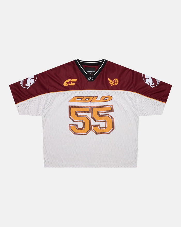 AERO STEED TEE CREAM/BURGUNDY - cream and burgundy mesh jersey tee, front view - Cold Culture