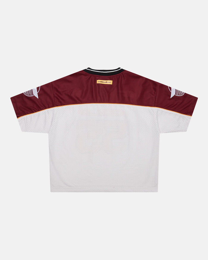 AERO STEED TEE CREAM/BURGUNDY - cream and burgundy mesh jersey tee, back view - Cold Culture