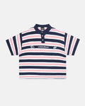 AEROSTRIPES POLO BLUE SEA/CORAL - navy and coral striped polo shirt, front view - Cold Culture