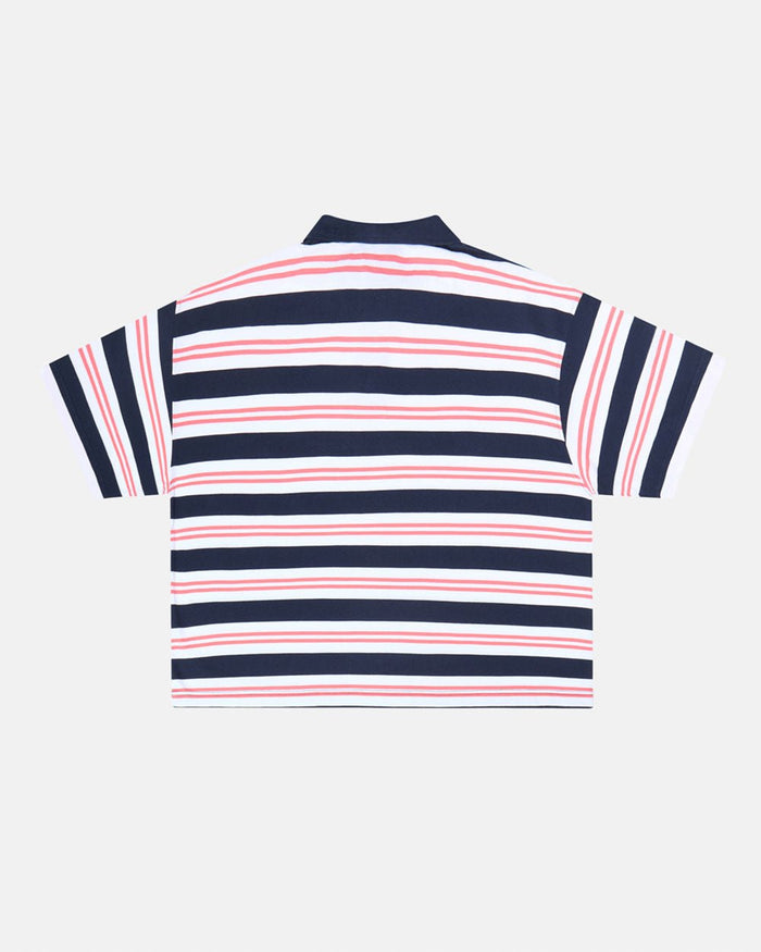 AEROSTRIPES POLO BLUE SEA/CORAL - navy and coral striped polo shirt, back view - Cold Culture