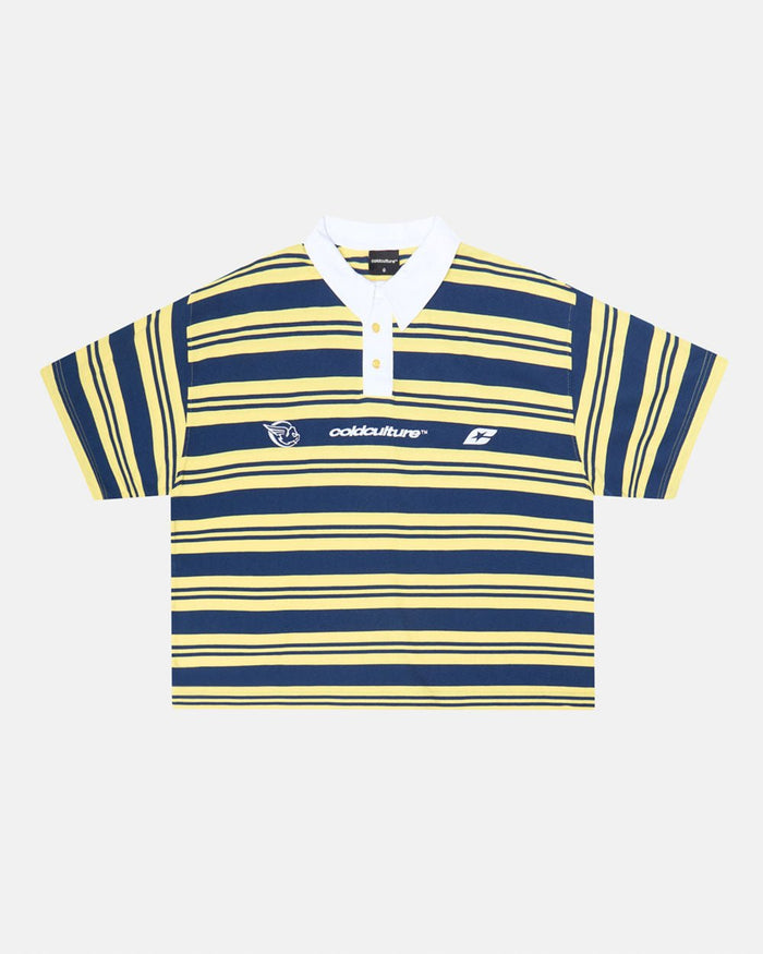 AEROSTRIPES POLO YELLOW/BLUE - yellow and blue striped polo shirt, front view - Cold Culture