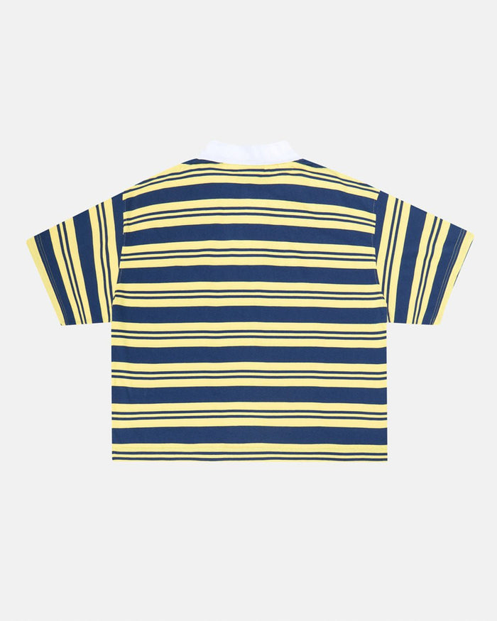 AEROSTRIPES POLO YELLOW/BLUE - yellow and blue striped polo shirt, back view - Cold Culture