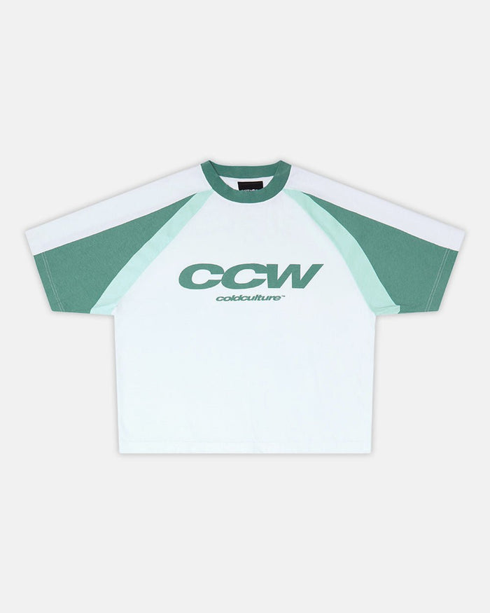 AIRBORNE TEE WHITE AND GREEN - white and green raglan tee, front view - Cold Culture
