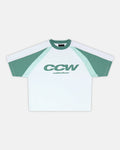 AIRBORNE TEE WHITE AND GREEN - white and green raglan tee, front view - Cold Culture
