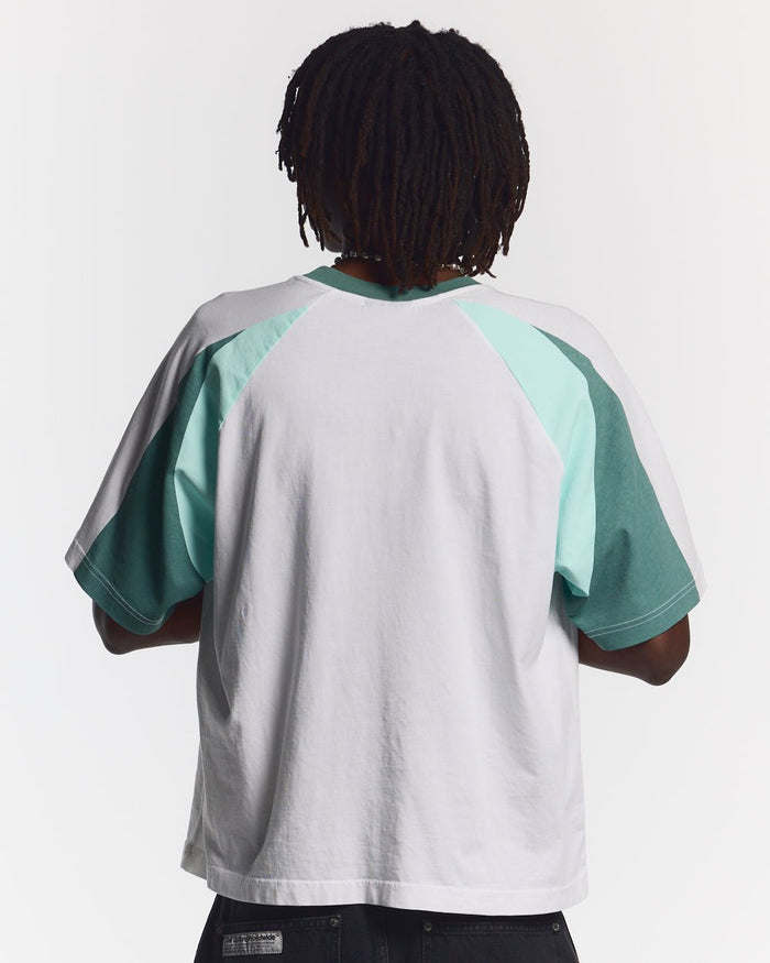 AIRBORNE TEE WHITE AND GREEN - white and green raglan tee, back view on male model - Cold Culture #man