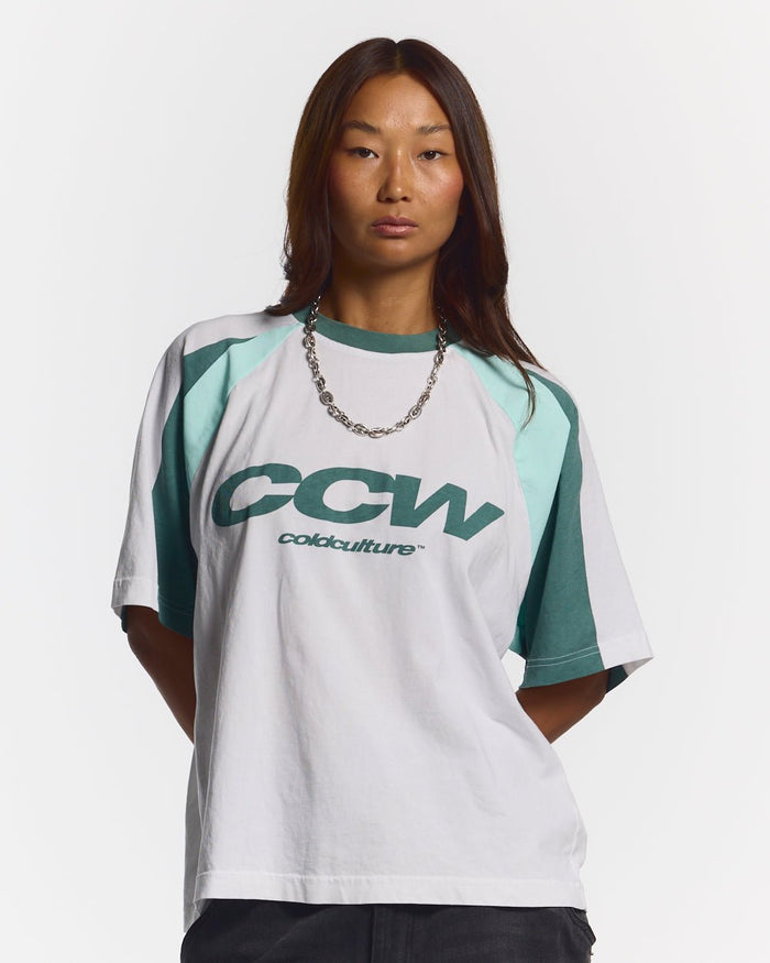 AIRBORNE TEE WHITE AND GREEN - white and green raglan tee, front view on female model - Cold Culture #woman