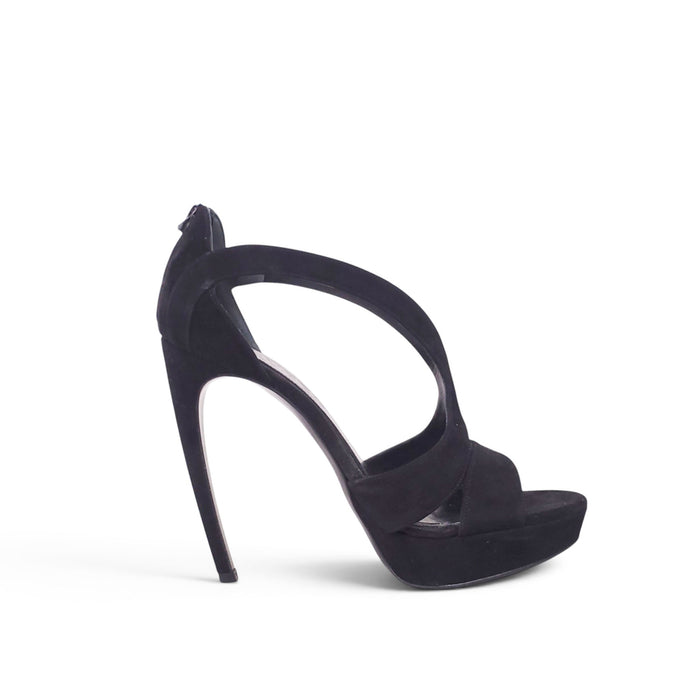 ALEXANDER MCQUEEN ARMADILLO DOUBLE ARCHED BLACK SUEDE HEELS - SIZE 38.5