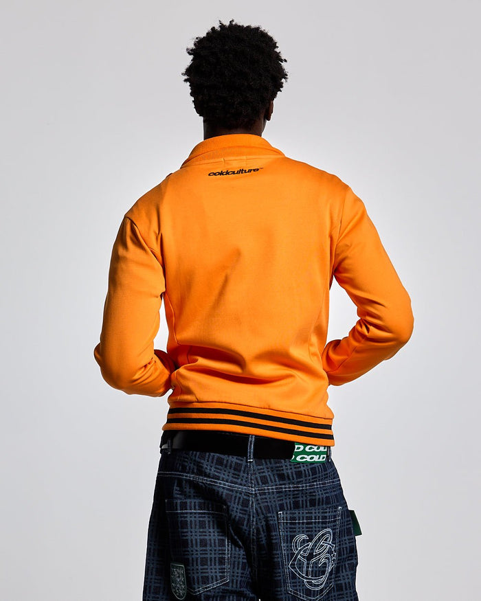 AMSTERDAM JACKET PERSIMMON ORANGE - orange zip-up hoodie, back view on male model - Cold Culture #man