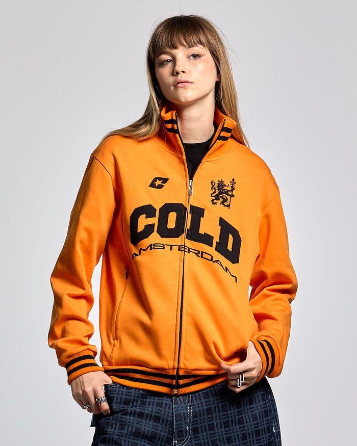 AMSTERDAM JACKET PERSIMMON ORANGE - orange zip-up hoodie, front view on female model - Cold Culture #woman