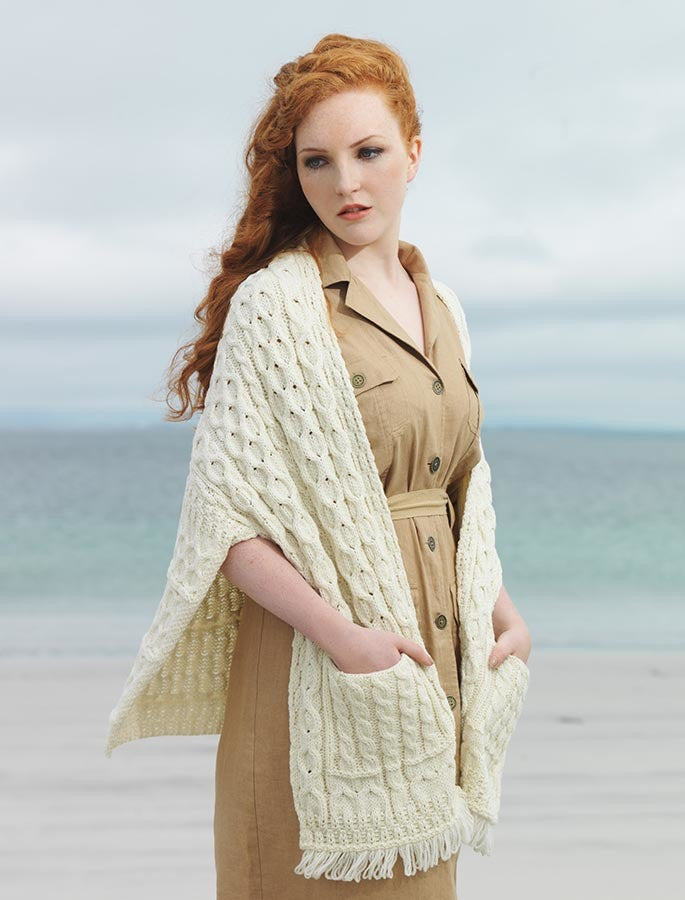 Aran Shawl Wrap with Pockets – Natural White #color_natural-white