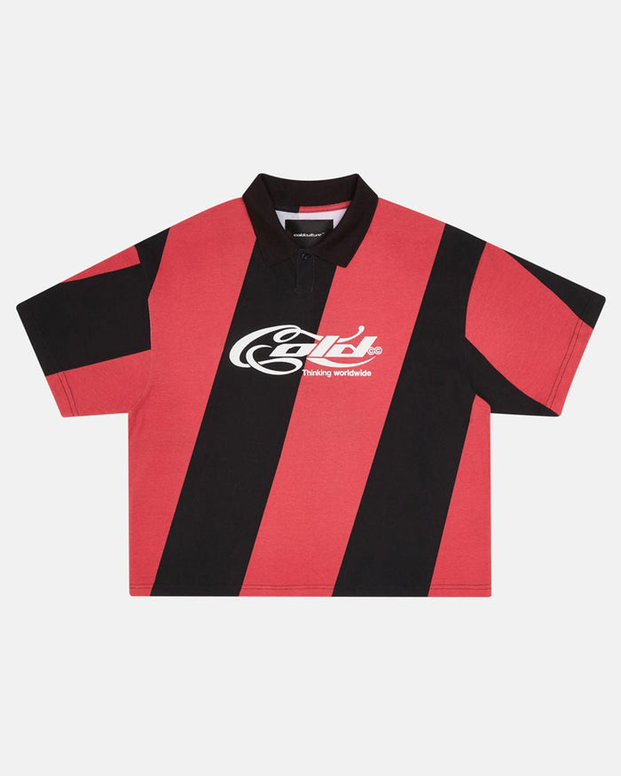 ASLANT STRIPES POLO TEE BLACK AND RED - red and black striped polo shirt, front view - Cold Culture