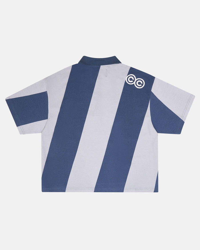 ASLANT STRIPES POLO TEE BLUE - blue and grey striped polo shirt, back view - Cold Culture