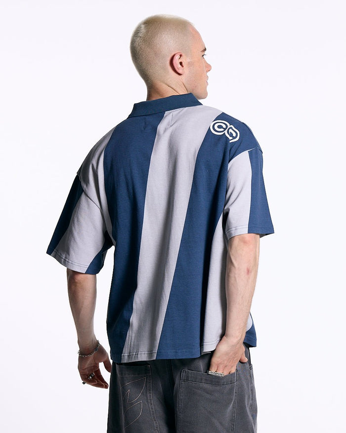 ASLANT STRIPES POLO TEE BLUE - blue and grey striped polo shirt, back view on male model - Cold Culture #man