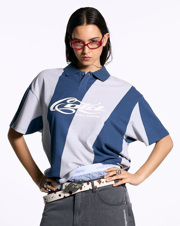 ASLANT STRIPES POLO TEE BLUE - blue and grey striped polo shirt, front view on female model - Cold Culture #woman