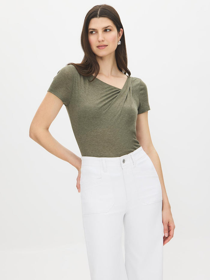 Kalamata Asymmetrical Neck Melange Top - Side Profile View - Suzy Shier
