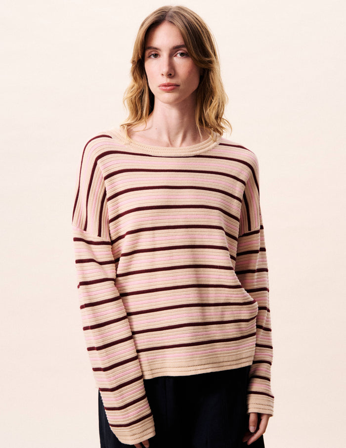 beige maroon striped sweater