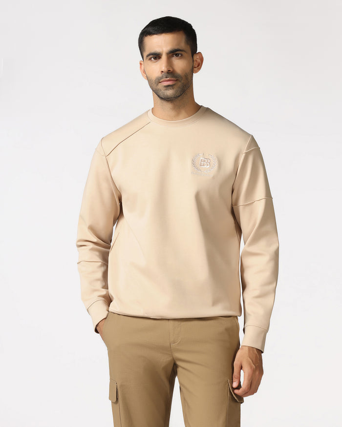 Beige Crew Neck Solid Sweatshirt - Dapper