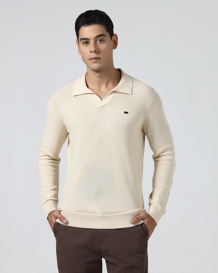 Beige Polo Neck Jacquard Sweater - Draco