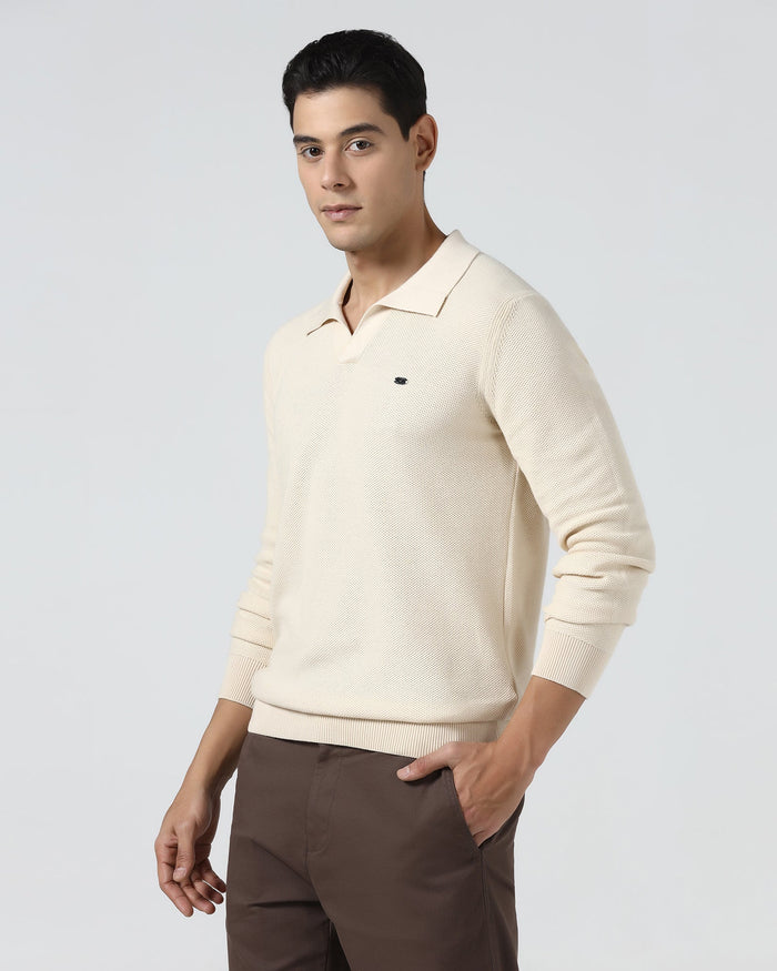Beige Polo Neck Jacquard Sweater - Draco