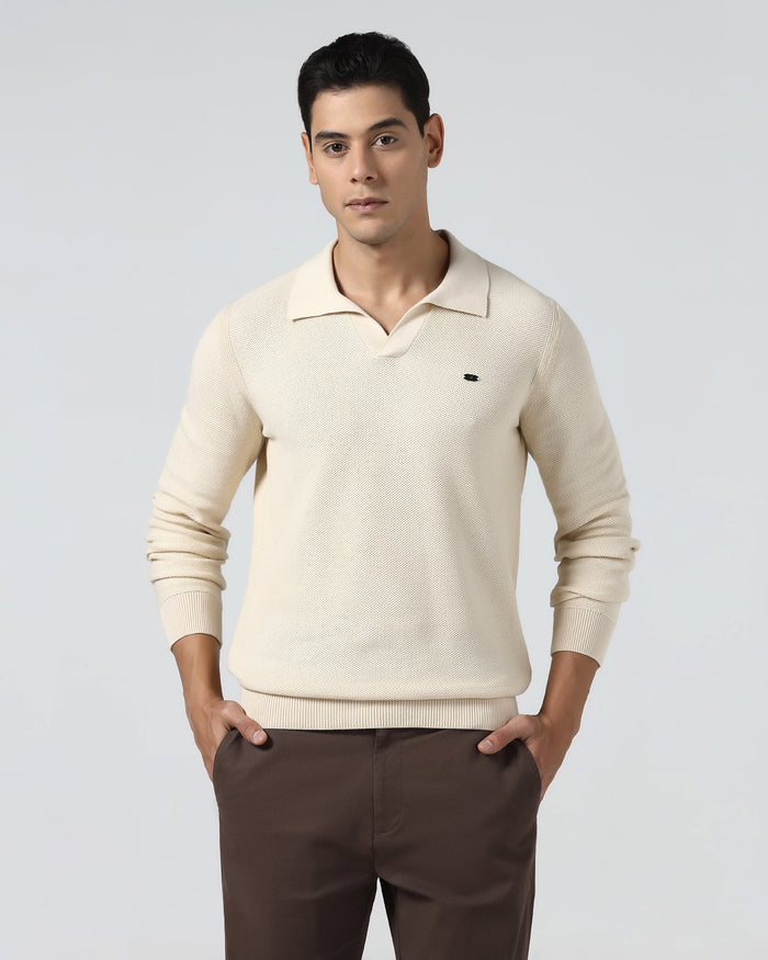 Beige Polo Neck Jacquard Sweater - Draco