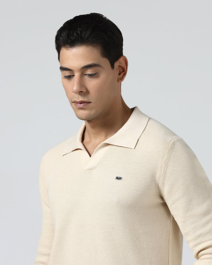 Beige Polo Neck Jacquard Sweater - Draco