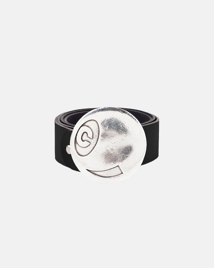 BILLIARD LEATHER BELT BLACK - black leather belt with round buckle, front view - Cold Culture