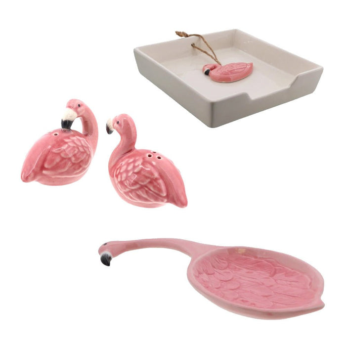 Bird Salt And Pepper Shakers & Napkin Holder with Flamingo Weight & Ceramic Flamingo Spoonrest