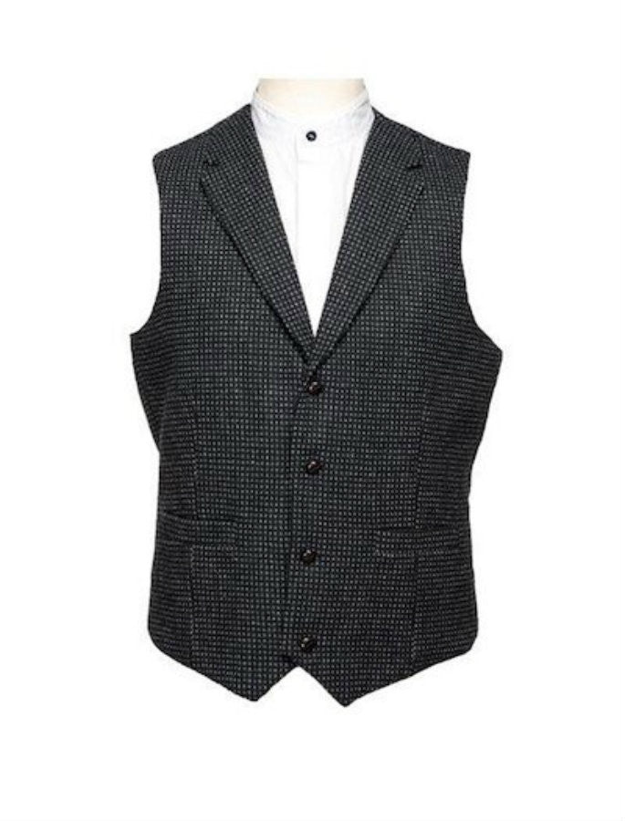 Black and Grey Night Check Tweed Waistcoat With Lapel