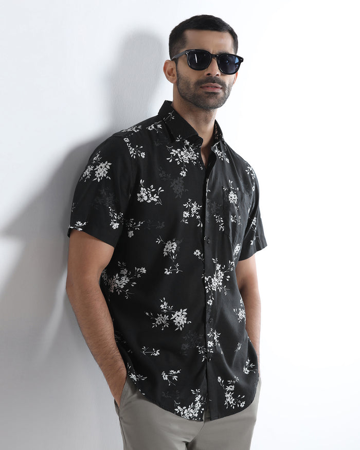 Black Half Sleeve Printed Shirt - Hobson