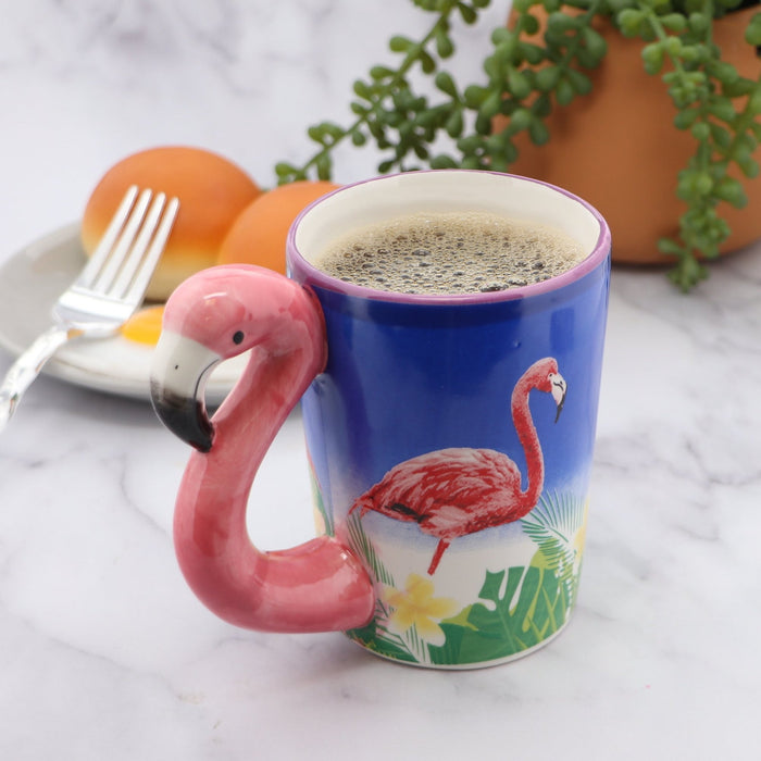 Blue Ceramic Mug with Pink Flamingo Handle