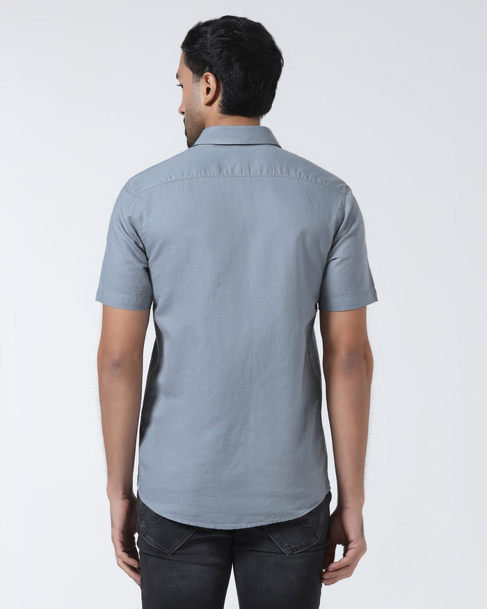 Blue Grey Half Sleeve Linen Solid Shirt - Cleo