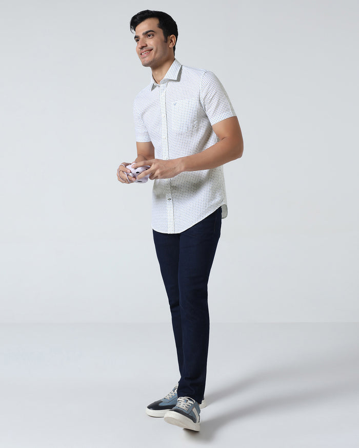 Blue Half Sleeve Linen Printed Shirt - Rogel
