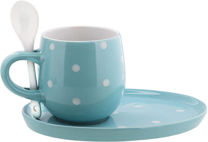 Blue Polka Dot Cup and Saucer Set with Spoon