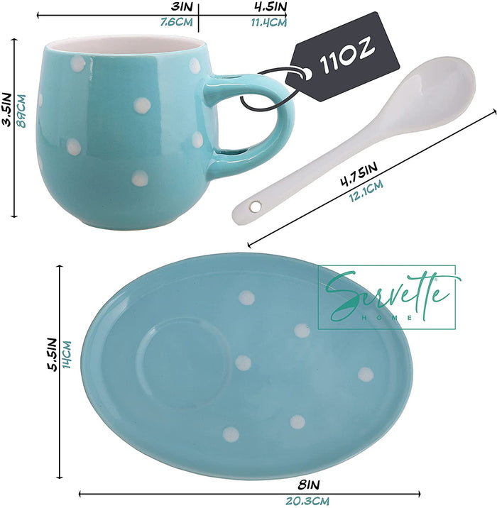 Blue Polka Dot Cup and Saucer Set with Spoon
