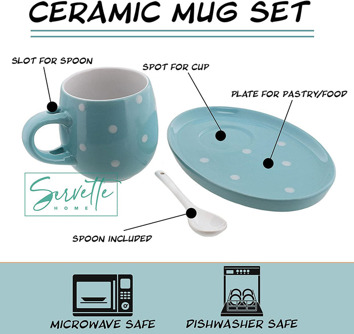 Blue Polka Dot Cup and Saucer Set with Spoon