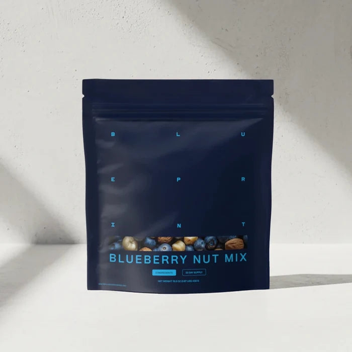 Blueberry nut mix package on a light gray background