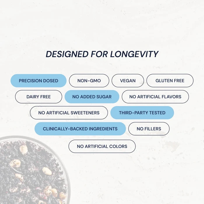 Product packaging with health and wellness features listed on a light background