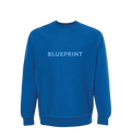 A blue crewneck sweatshirt with the word 'BLUEPRINT' printed across the front in capital letters