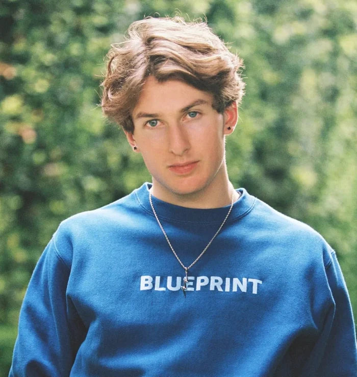 Person wearing a blue sweatshirt with 'BLUEPRINT' text against a blurred green background