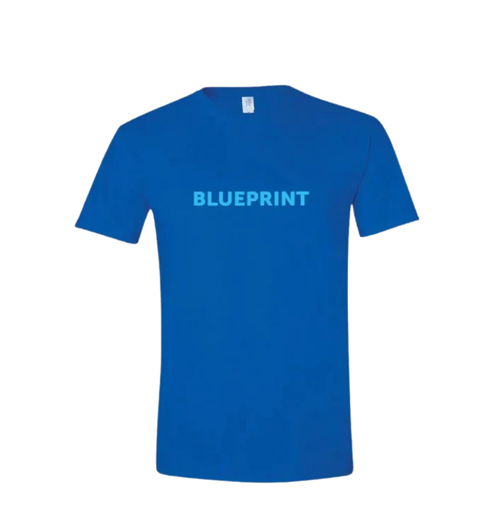 Blue t-shirt with 'BLUEPRINT' text on a white background