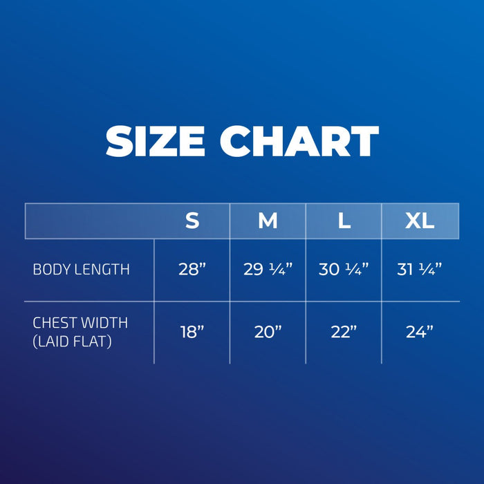 Size chart for blue 'BLUEPRINT' T-Shirt