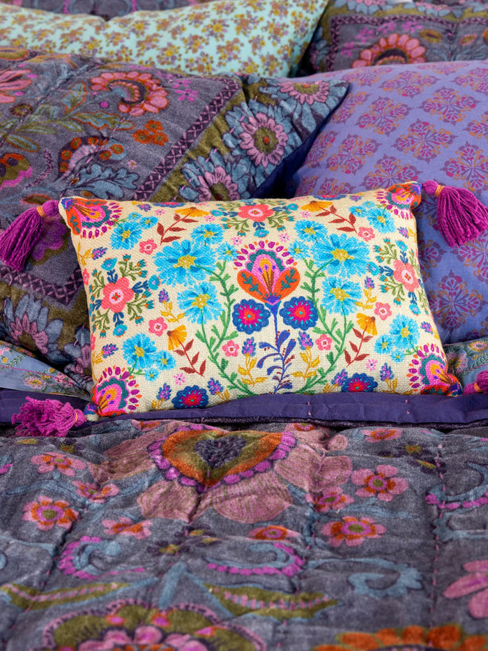 Boho Cotton Tassel Pillow - Cream Folk Flower